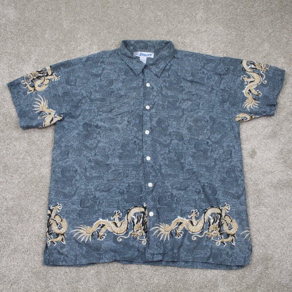 VTG Utility Shirt Mens XL Blue Dragon Geometric Cotton/Rayon Short Sleeve Button
